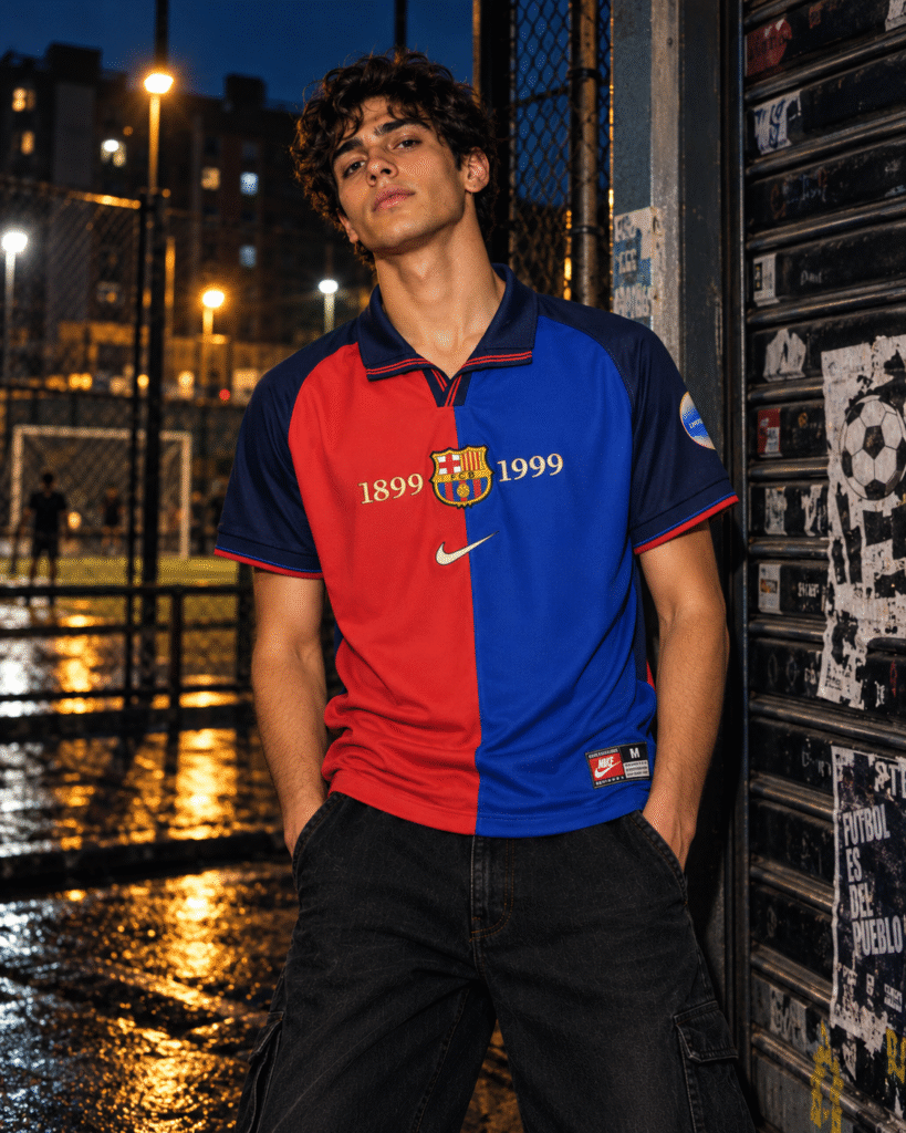 joven culé en cancha urbana nocturna