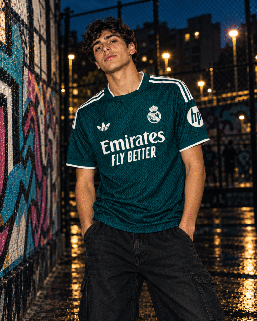 retrato urbano con jersey del real madrid